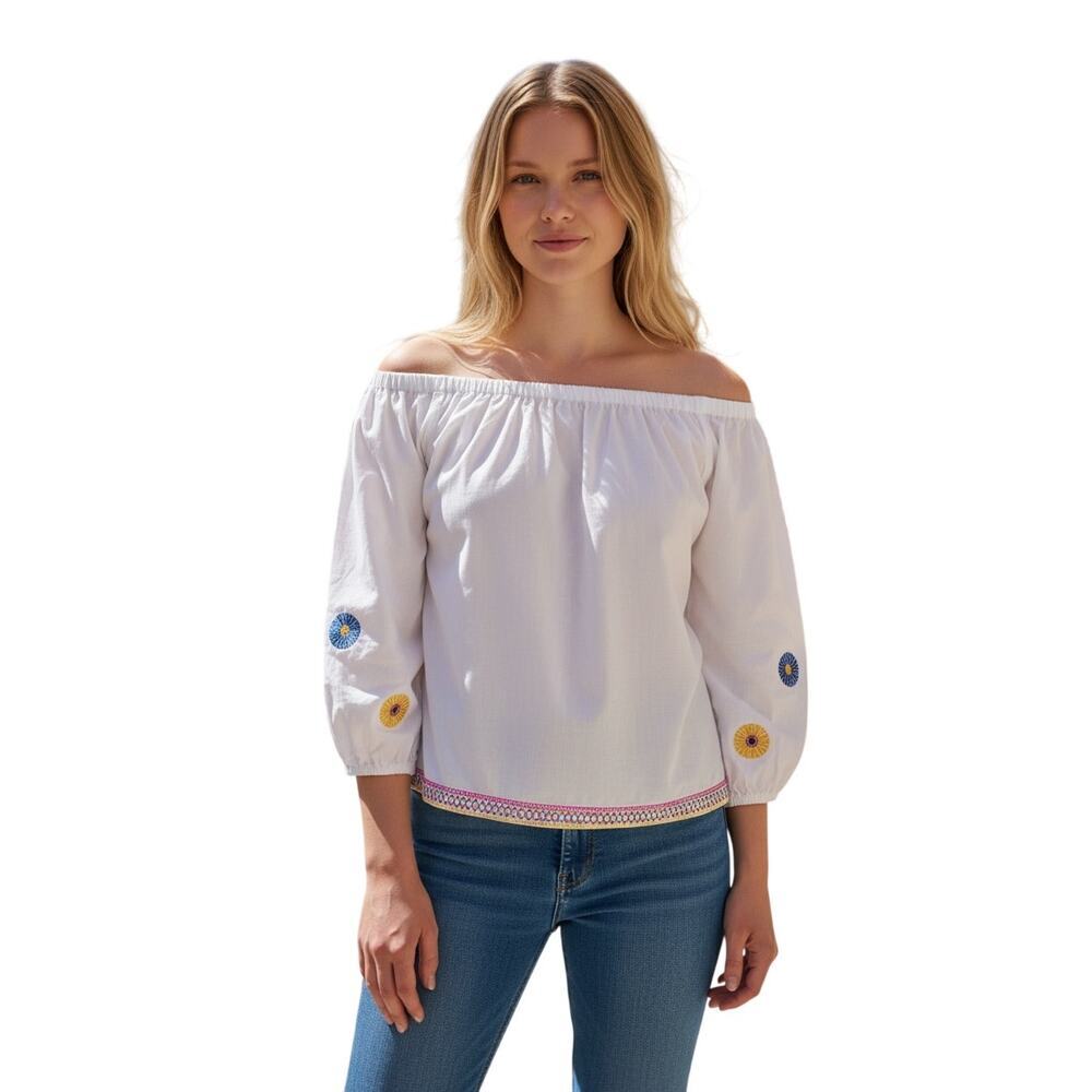 Madewell Embroidered Blouse Women SM White Off Shoulder Boho Top Balloon Sleeve - Picture 1 of 11